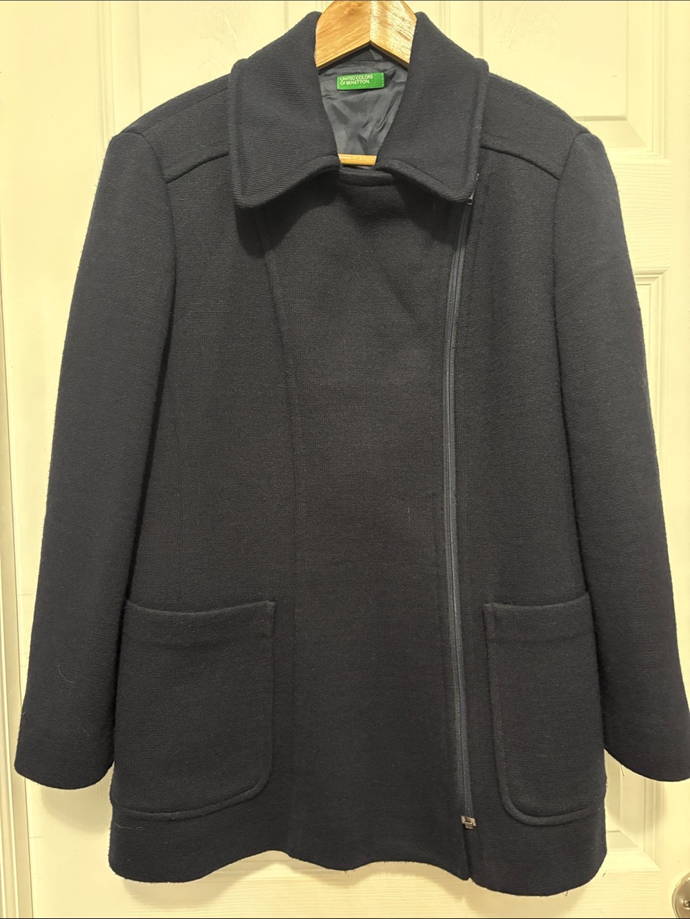 VTG United Colors of Benetton Navy Blue Asymmetrical Zip Wool Blend Jacket